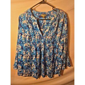 Style & Co Boho Blue Floral Romantic Blouse Shirt Top Vneck Womens Plus 1X 18/20